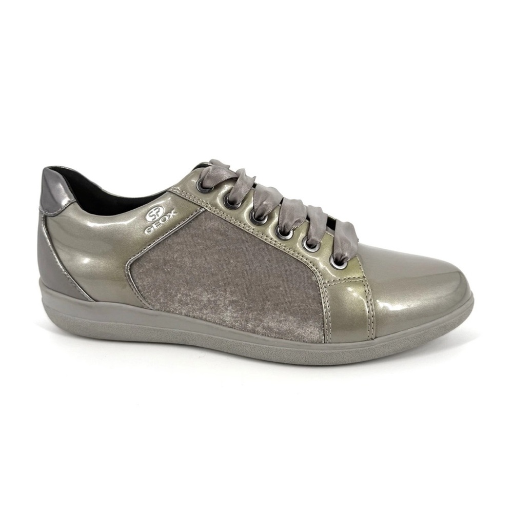 Geox Nihal Sneakers Womens Size 7 Olive Silver Velvet Patent Ribbon Laces Shoes